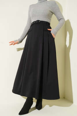 Kemerli Pile Detaylı Cepli Etek Siyah - ALİ AKKAYA