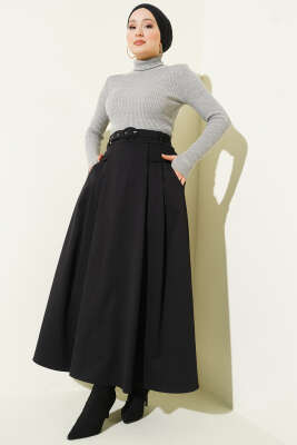 Kemerli Pile Detaylı Cepli Etek Siyah - Etek