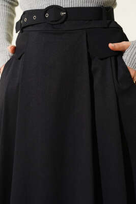 Kemerli Pile Detaylı Cepli Etek Siyah - Etek