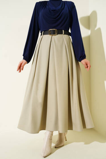Kemerli Pile Detaylı Etek Bej - Etek