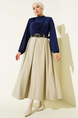 Kemerli Pile Detaylı Etek Bej - Etek