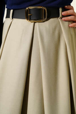 Kemerli Pile Detaylı Etek Bej - Etek