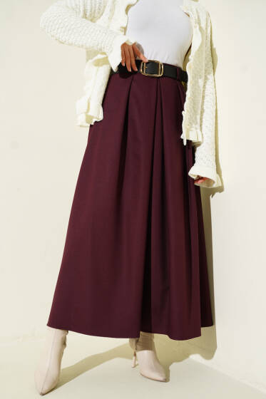 Kemerli Pile Detaylı Etek Bordo - Etek