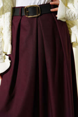 Kemerli Pile Detaylı Etek Bordo - Etek