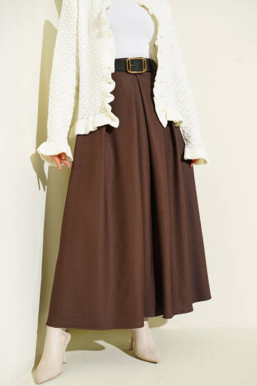 Kemerli Pile Detaylı Etek Kahve - Etek