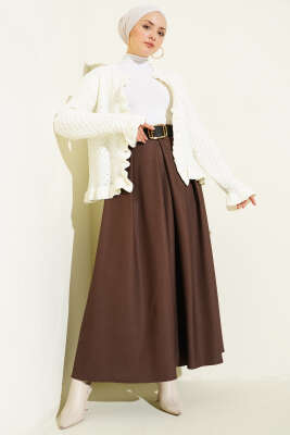 Kemerli Pile Detaylı Etek Kahve - Etek