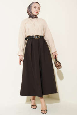 Kemerli Pile Detaylı Etek Kestane - Etek