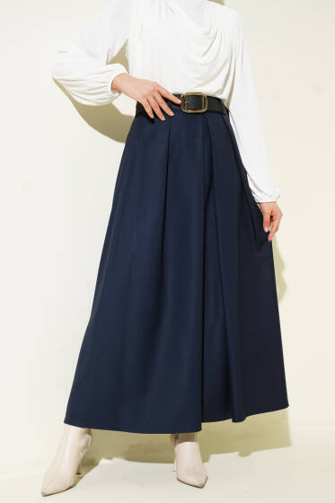 Kemerli Pile Detaylı Etek Lacivert - Etek