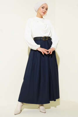 Kemerli Pile Detaylı Etek Lacivert - Etek