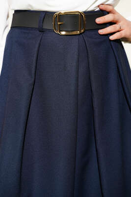 Kemerli Pile Detaylı Etek Lacivert - Etek