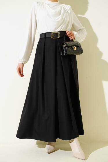 Kemerli Pile Detaylı Etek Siyah - Etek