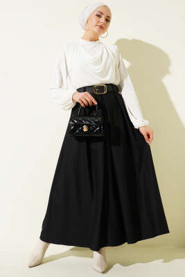 Kemerli Pile Detaylı Etek Siyah - Etek