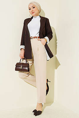Kemerli Pile Detaylı Havuç Pantolon Taş - Pantolon
