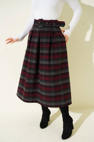 Kemerli Pile Detaylı Kaşe Etek Bordo - Etek