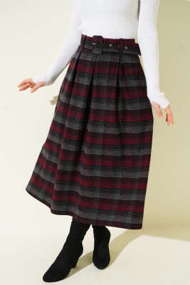 Kemerli Pile Detaylı Kaşe Etek Bordo - Etek