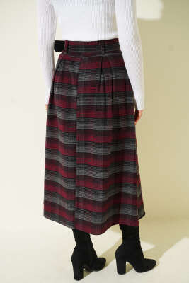 Kemerli Pile Detaylı Kaşe Etek Bordo - Etek