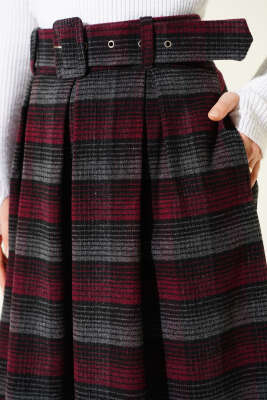 Kemerli Pile Detaylı Kaşe Etek Bordo - Etek