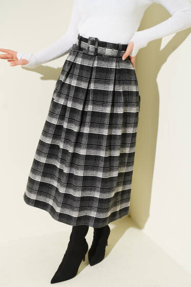 Kemerli Pile Detaylı Kaşe Etek Füme - Etek