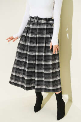 Kemerli Pile Detaylı Kaşe Etek Füme - Etek