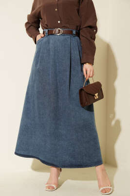 Kemerli Pile Detaylı Kot Etek Mavi - ALİ AKKAYA