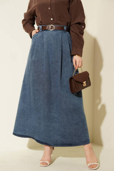 Kemerli Pile Detaylı Kot Etek Mavi - Etek