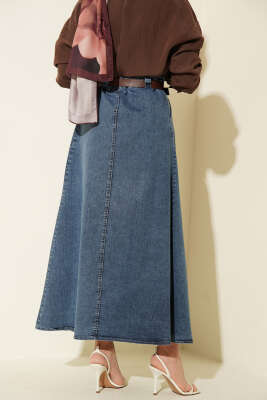 Kemerli Pile Detaylı Kot Etek Mavi - Etek