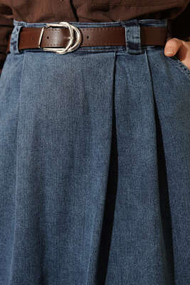 Kemerli Pile Detaylı Kot Etek Mavi - Etek