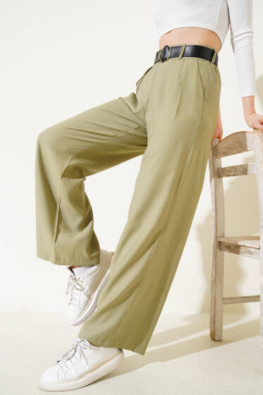 Kemerli Pileli Baggy Pantolon Çağla Yeşili - Kadın Giyim Modelleri