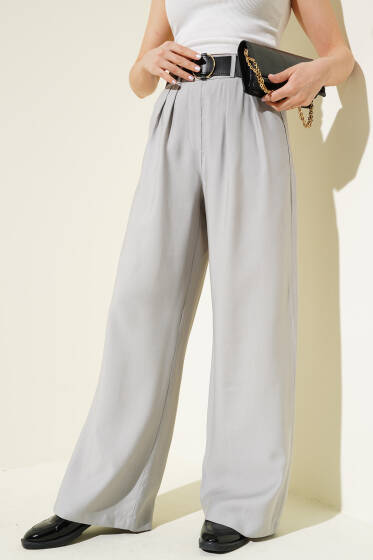 Kemerli Pileli Baggy Pantolon Gri - Kadın Giyim Modelleri
