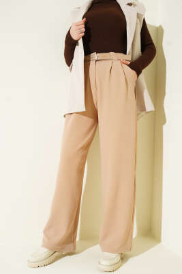 Kemerli Pileli Geniş Paça Pantolon Bej - CALİENTE