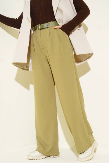 Kemerli Pileli Geniş Paça Pantolon Çağla Yeşili - Pantolon