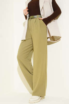 Kemerli Pileli Geniş Paça Pantolon Çağla Yeşili - Pantolon
