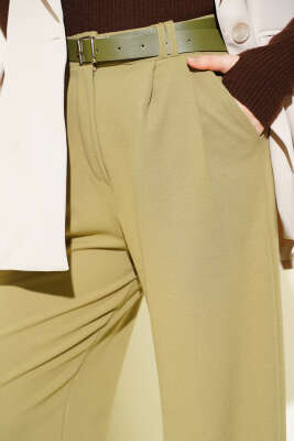 Kemerli Pileli Geniş Paça Pantolon Çağla Yeşili - Pantolon