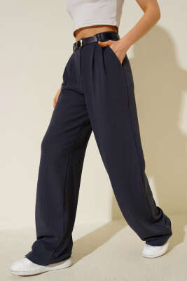 Kemerli Pileli Geniş Paça Pantolon Füme - CALİENTE