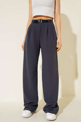 Kemerli Pileli Geniş Paça Pantolon Füme - Kadın Giyim Modelleri