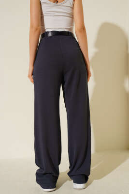 Kemerli Pileli Geniş Paça Pantolon Füme - Kadın Giyim Modelleri