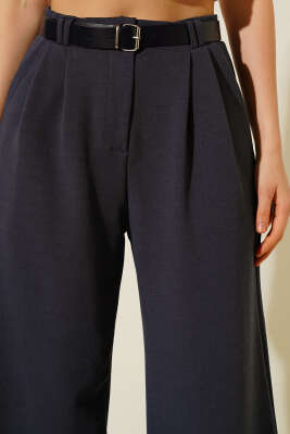 Kemerli Pileli Geniş Paça Pantolon Füme - Kadın Giyim Modelleri