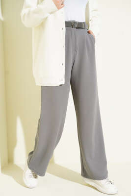 Kemerli Pileli Geniş Paça Pantolon Füme - CALİENTE