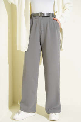 Kemerli Pileli Geniş Paça Pantolon Füme - Pantolon