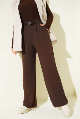 Kemerli Pileli Geniş Paça Pantolon Kahve - CALİENTE