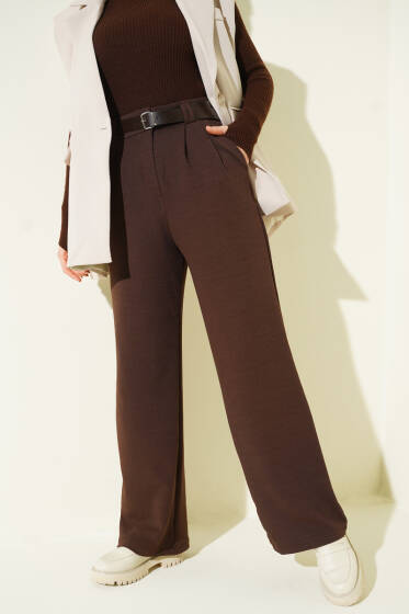 Kemerli Pileli Geniş Paça Pantolon Kahve - Pantolon