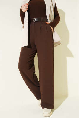 Kemerli Pileli Geniş Paça Pantolon Kahve - Pantolon