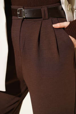 Kemerli Pileli Geniş Paça Pantolon Kahve - Pantolon