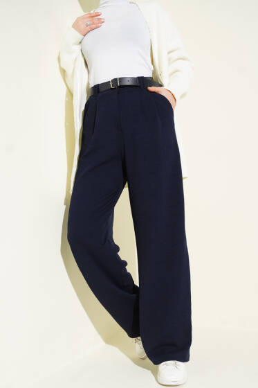 Kemerli Pileli Geniş Paça Pantolon Lacivert - Pantolon