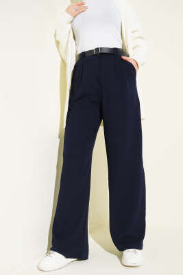 Kemerli Pileli Geniş Paça Pantolon Lacivert - Pantolon