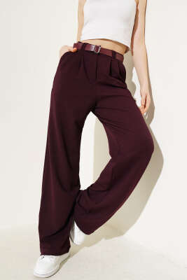 Kemerli Pileli Geniş Paça Pantolon Mürdüm 