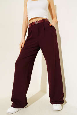 Kemerli Pileli Geniş Paça Pantolon Mürdüm - Kadın Giyim Modelleri