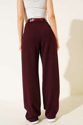 Kemerli Pileli Geniş Paça Pantolon Mürdüm - Kadın Giyim Modelleri