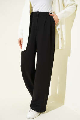Kemerli Pileli Geniş Paça Pantolon Siyah - CALİENTE
