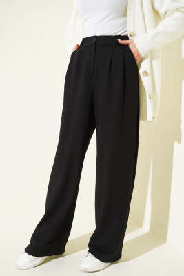 Kemerli Pileli Geniş Paça Pantolon Siyah - Pantolon